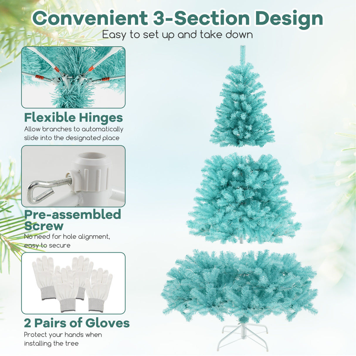 6/7 FT Blue Artificial Christmas Tree with 280/380 Warm White LED Lights and Foldable Metal Stand-7 ft