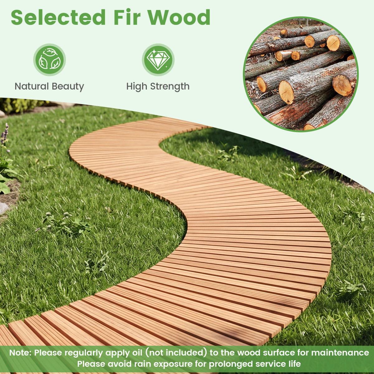 7 FT Wooden Garden Pathway with Anti-slip Surface for Gardens Patios-Natural