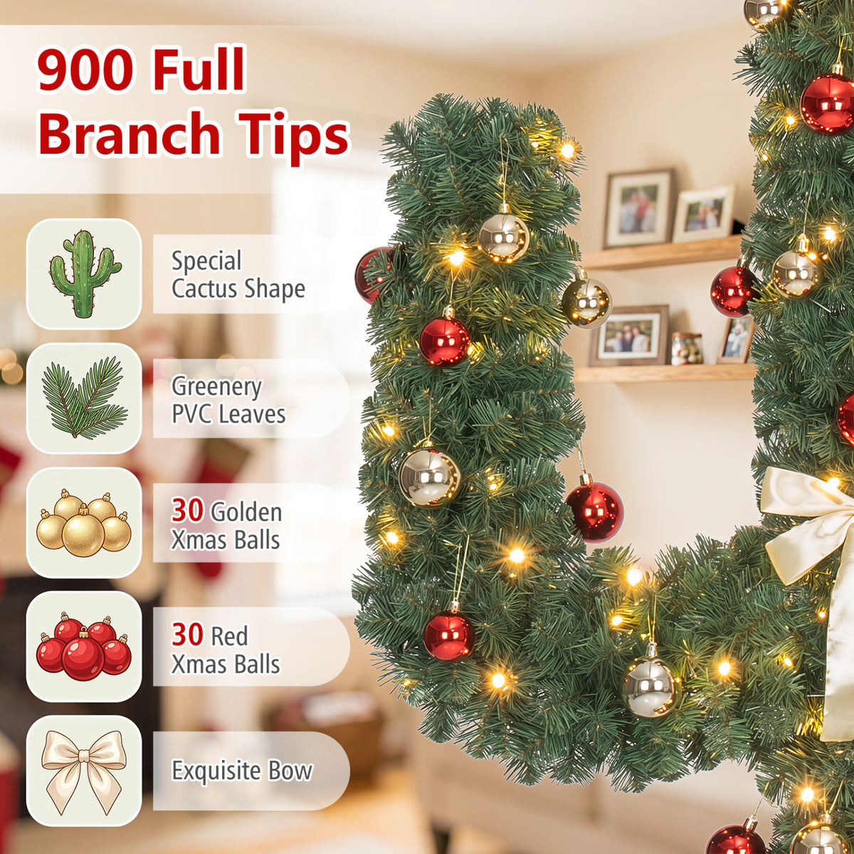 7 Feet Artificial Cactus PVC Christmas Tree with LED Lights and Ball Ornaments-7 ft