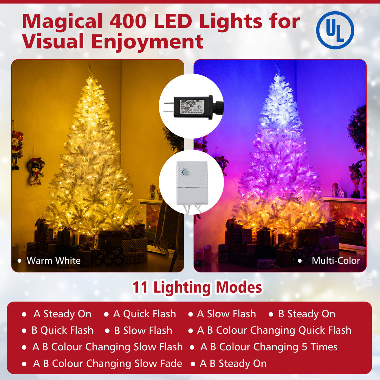 7 Feet Artificial Christmas Tree Hinged Pre-Lit Xmas Tree with 11 Lighting Modes