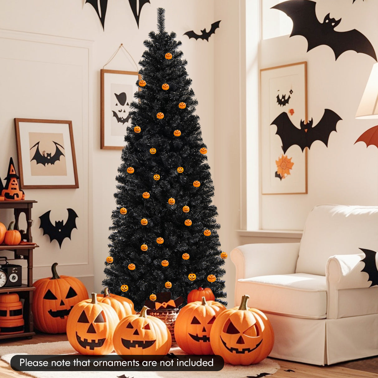 Pre-lit Christmas Halloween Tree with PVC Branch Tips and Warm White Lights-7 ft