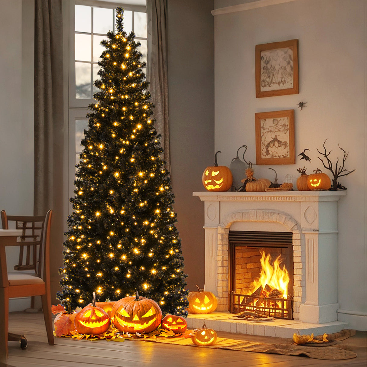 Pre-lit Christmas Halloween Tree with PVC Branch Tips and Warm White Lights-7 ft