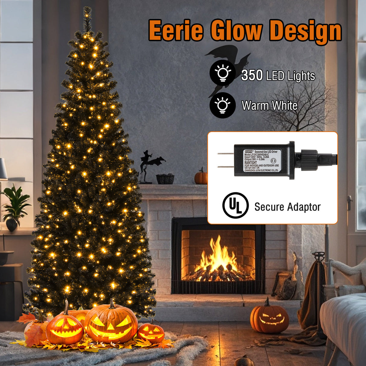 Pre-lit Christmas Halloween Tree with PVC Branch Tips and Warm White Lights-7 ft