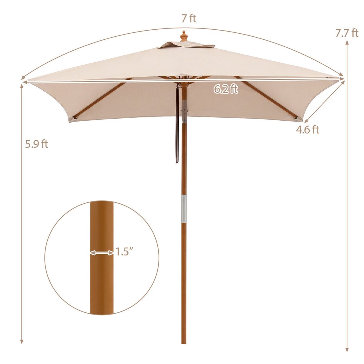 7 Feet Outdoor Rectangular Patio Umbrella with 3 Adjustable Heights-Beige