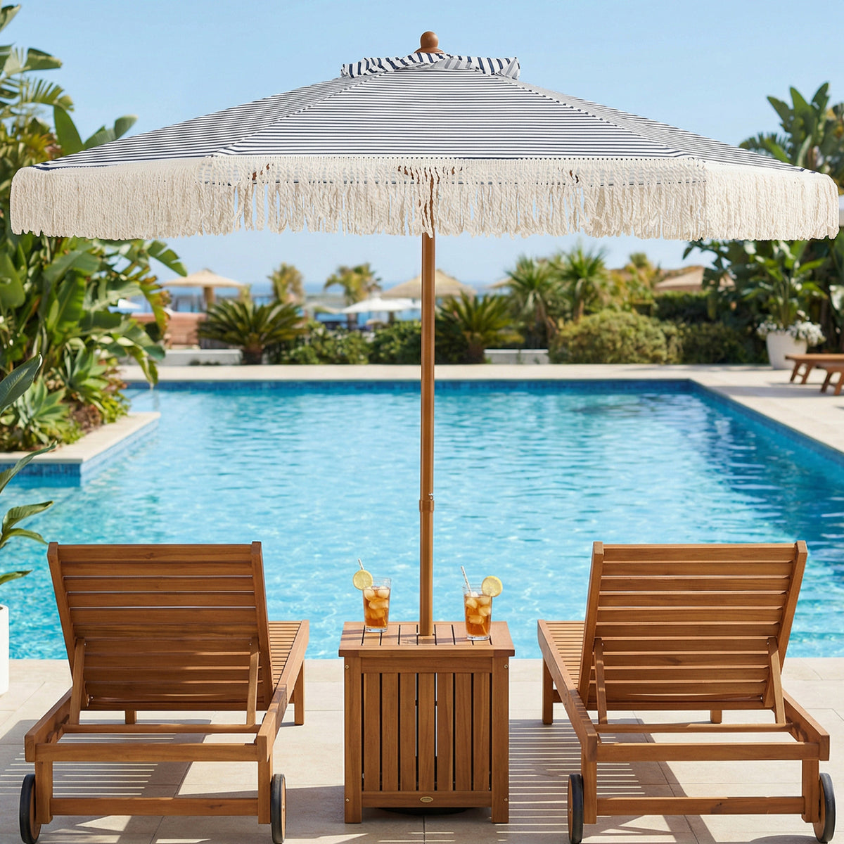 7 Feet Patio Umbrella with Fringe Sun-Protective Beach Umbrella with Boho Tassel-Blue