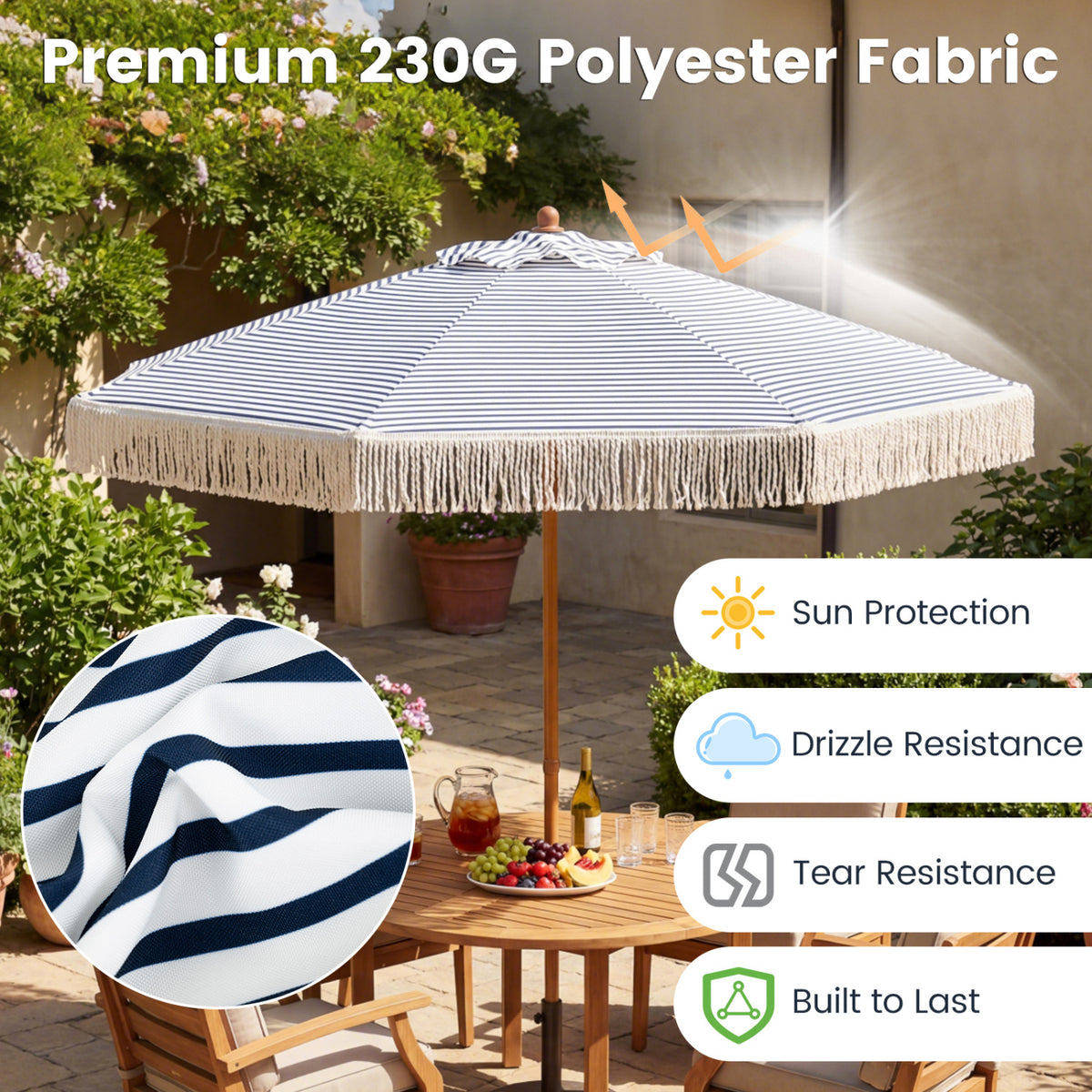7 Feet Patio Umbrella with Fringe Sun-Protective Beach Umbrella with Boho Tassel-Blue