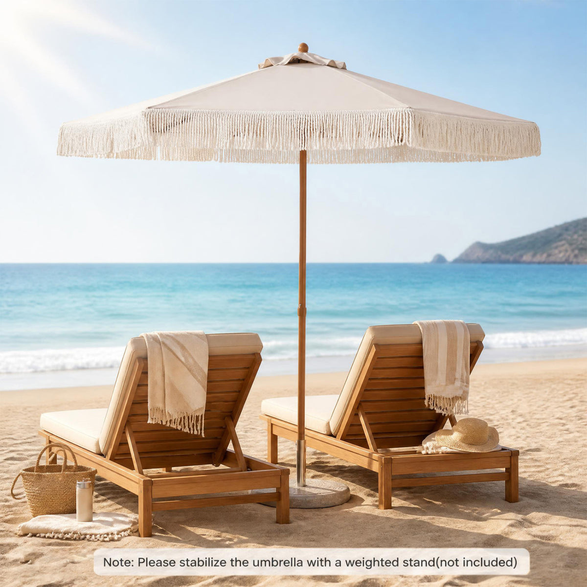 7 Feet Patio Umbrella with Fringe Sun-Protective Beach Umbrella with Boho Tassel-Beige