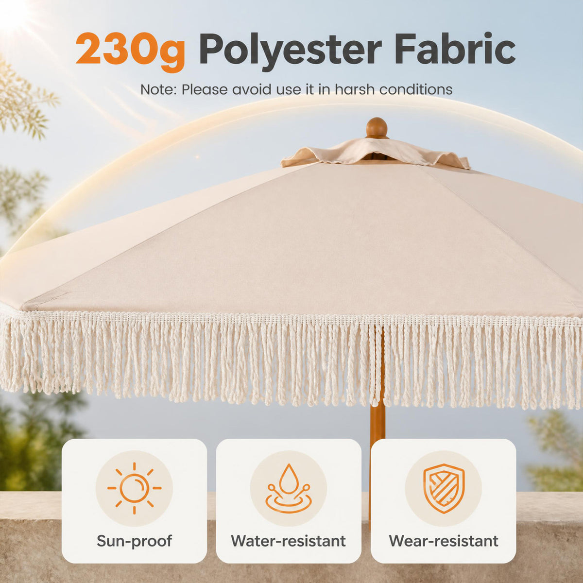 7 Feet Patio Umbrella with Fringe Sun-Protective Beach Umbrella with Boho Tassel-Beige