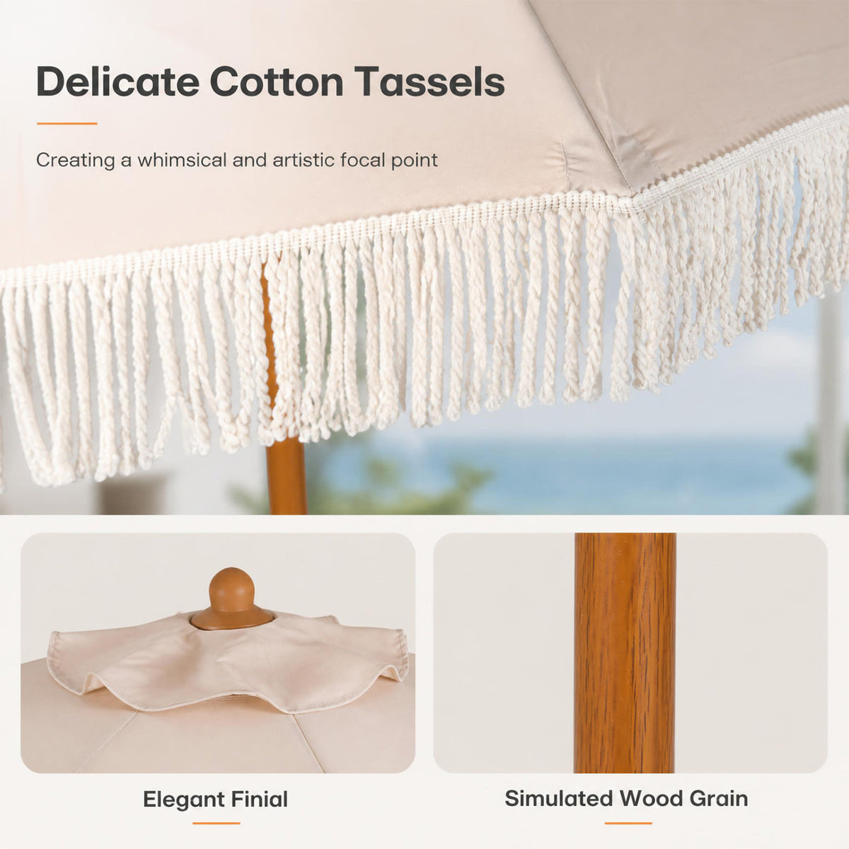 7 Feet Patio Umbrella with Fringe Sun-Protective Beach Umbrella with Boho Tassel-Beige