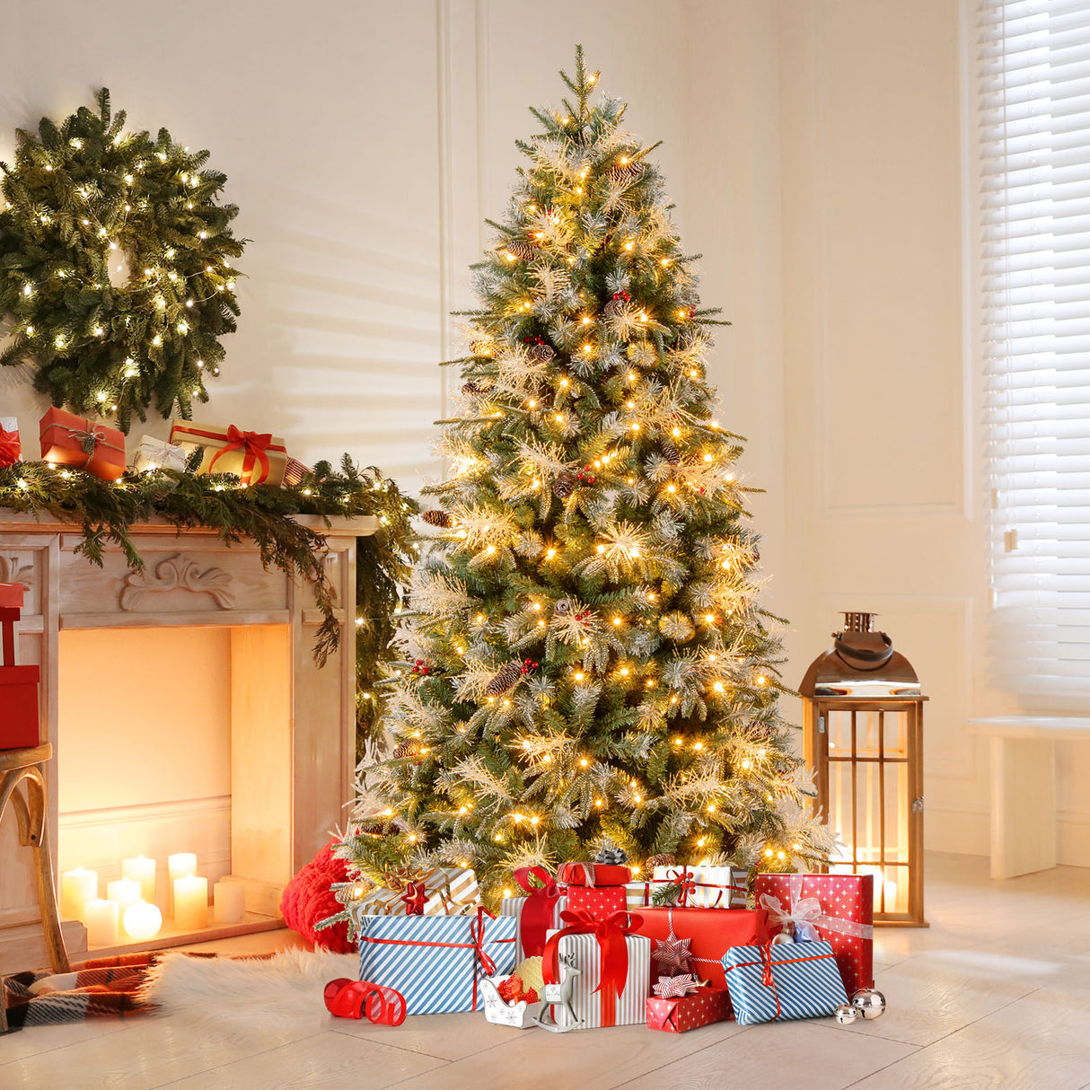 7 Feet Pre-Lit Artificial Christmas Tree with 8 Modes LED Lights with Berries