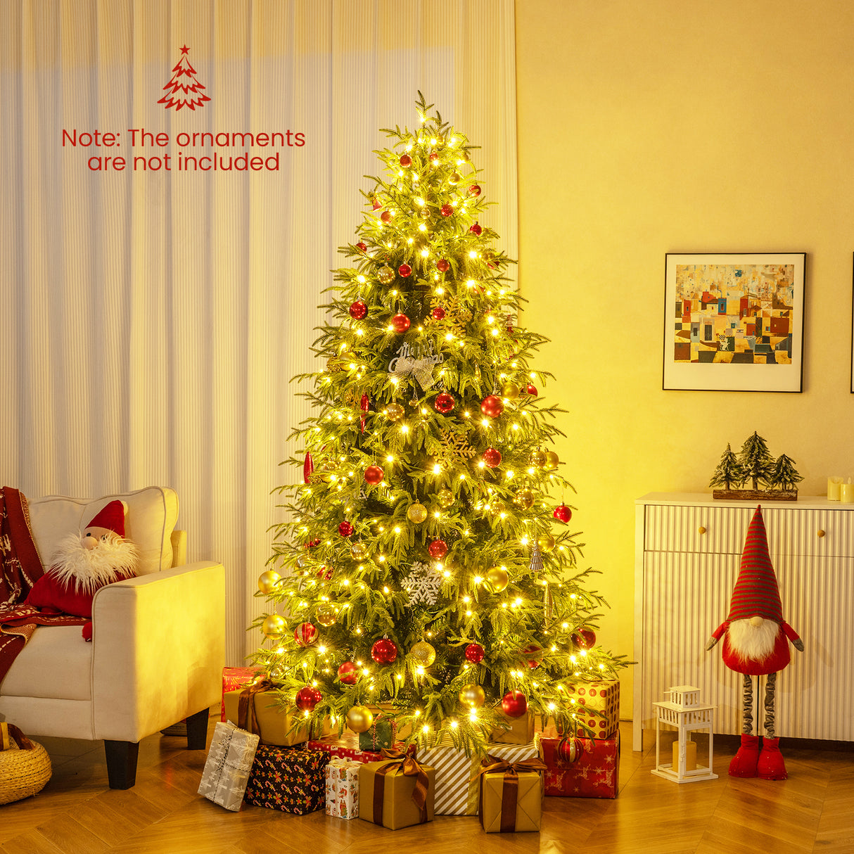 7 Feet Pre-Lit Artificial Christmas Tree Hinged Faux Xmas Tree with Soft Branch Tips