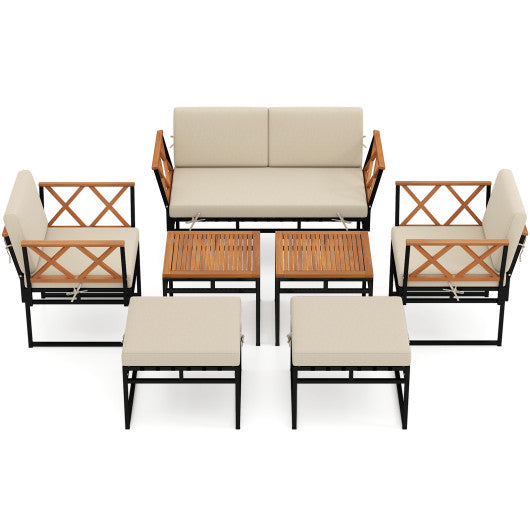 7 Piece Outdoor Conversation Set with Cushions and Bungee Rope Seat-Beige