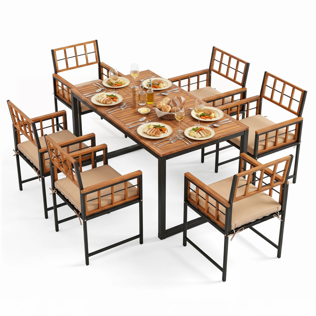 7-Piece Outdoor Dining Set with Acacia Wood Table & Chairs and Umbrella Hole-Natural & Black