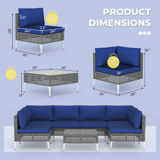 7 Piece Outdoor Furniture Set Wicker Chairs with Tempered Glass Coffee Table-Navy