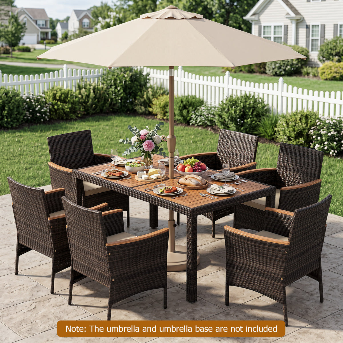 7-Piece Patio Dining Set with Wood Tabletop and Padded Cushion for Backyard-Brown