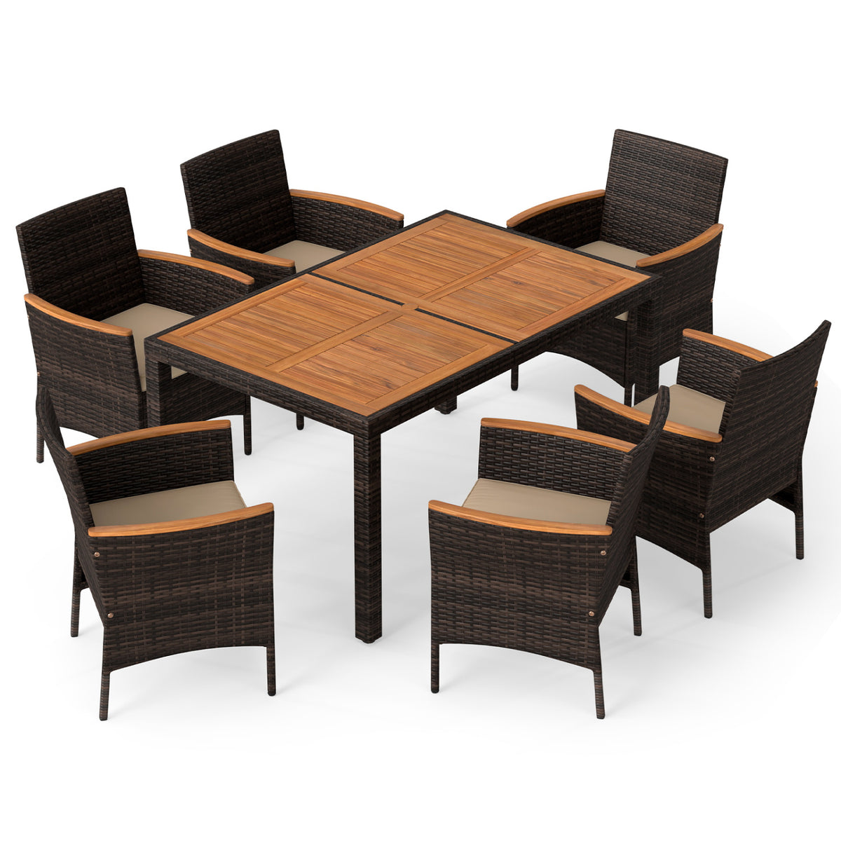 7-Piece Patio Dining Set with Wood Tabletop and Padded Cushion for Backyard-Brown