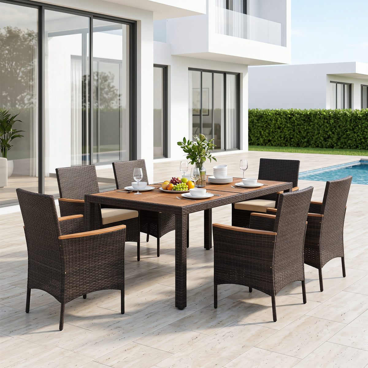 7-Piece Patio Dining Set with Wood Tabletop and Padded Cushion for Backyard-Brown