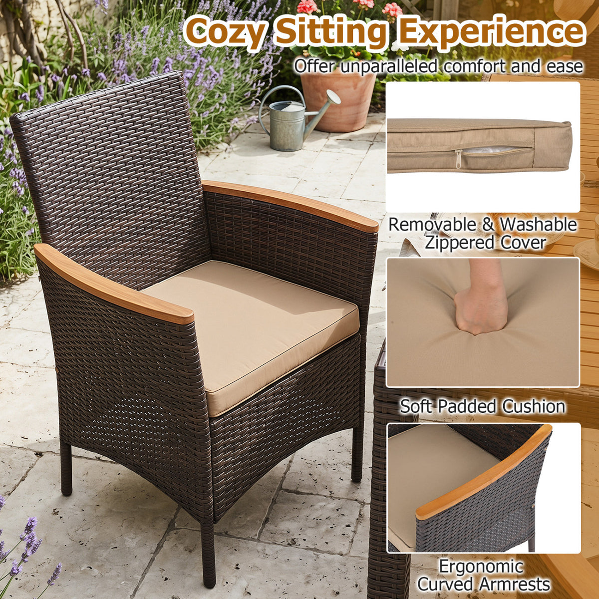 7-Piece Patio Dining Set with Wood Tabletop and Padded Cushion for Backyard-Brown