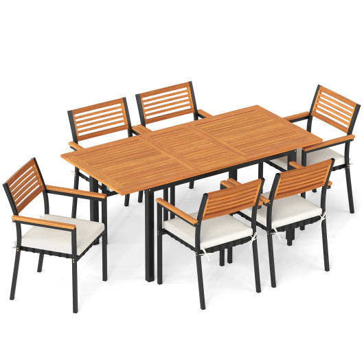 7-Piece Patio Dining Set Wood Metal with Seat Cushions and Umbrella Hole-White