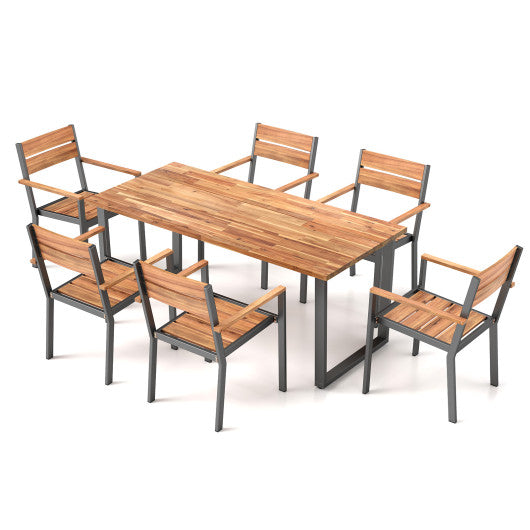 7 Pieces Acacia Wood Patio Dining Set with Metal Frame and 2 Inches Umbrella Hole