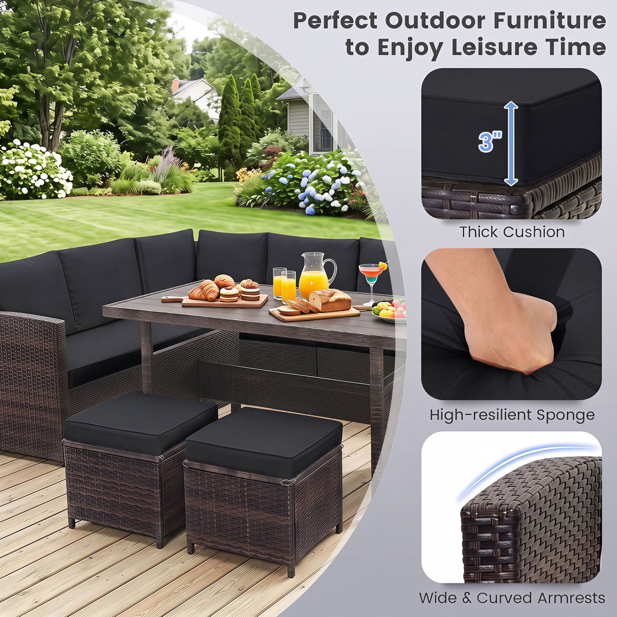 7 Pieces Hand-woven Cozy Wicker Patio Furniture Set-Black