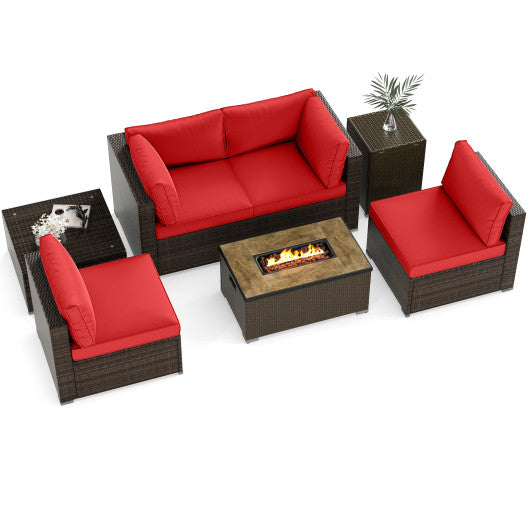 7 Pieces Outdoor Furniture Set with 32 Inch Fire Pit Table and Propane Tank Cover-Red