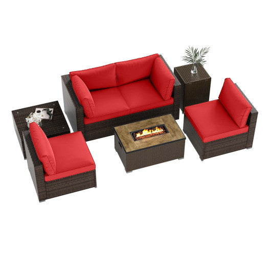 7 Pieces Outdoor Furniture Set with 32 Inch Fire Pit Table and Propane Tank Cover-Red