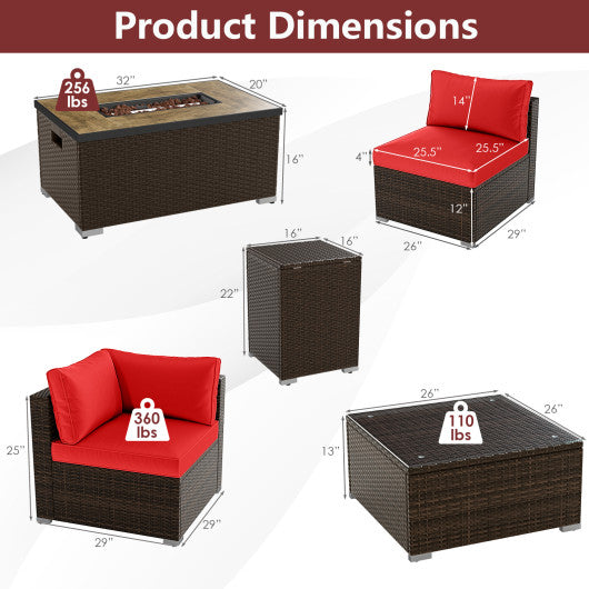 7 Pieces Outdoor Furniture Set with 32 Inch Fire Pit Table and Propane Tank Cover-Red