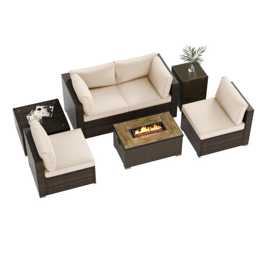 7 Pieces Outdoor Furniture Set with 32 Inch Fire Pit Table and Propane Tank Cover-White