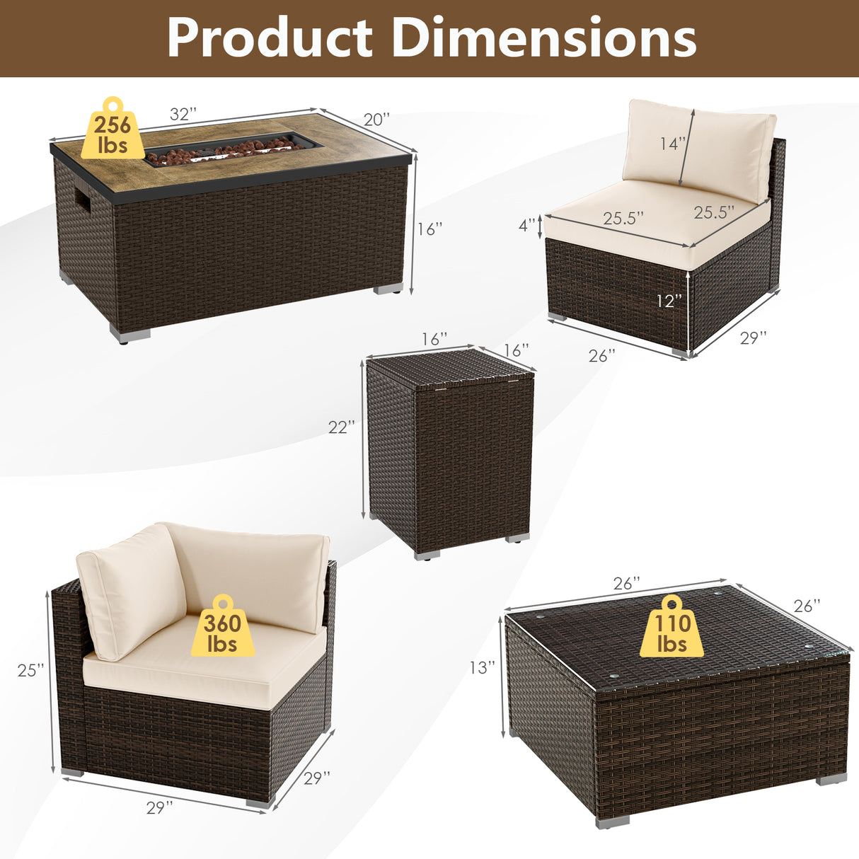 7 Pieces Outdoor Furniture Set with 32 Inch Fire Pit Table and Propane Tank Cover-White