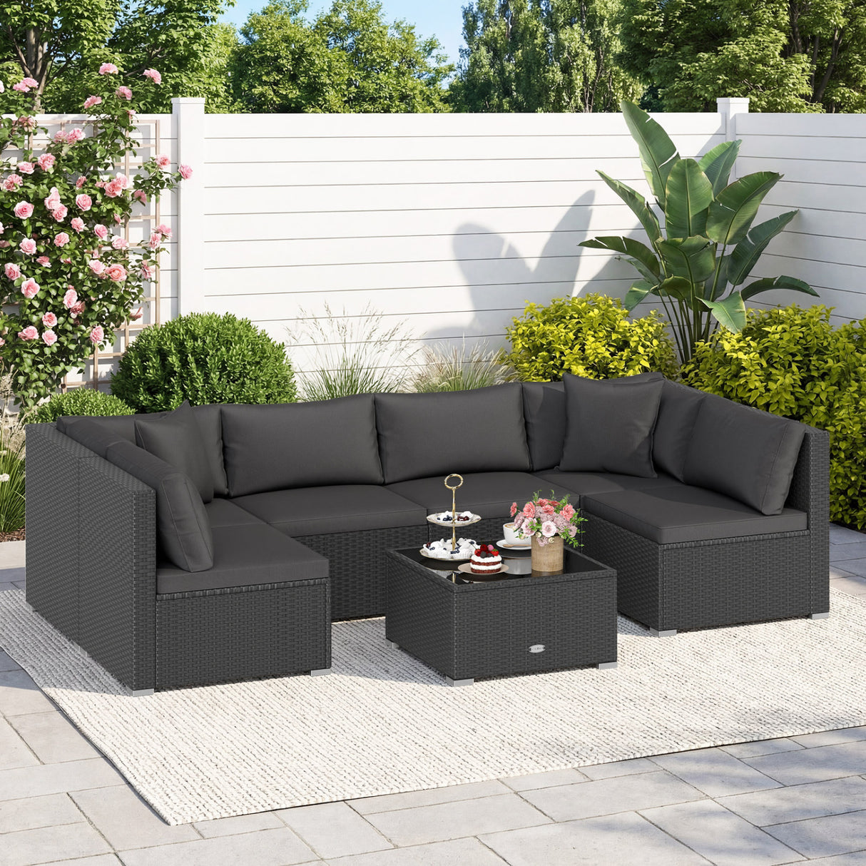 7 Pieces Sectional Wicker Furniture Sofa Set with Tempered Glass Top-Red