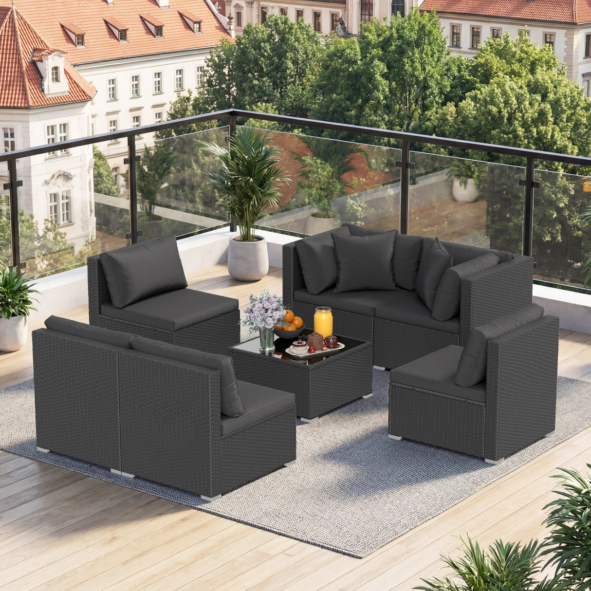 7 Pieces Sectional Wicker Furniture Sofa Set with Tempered Glass Top-Red