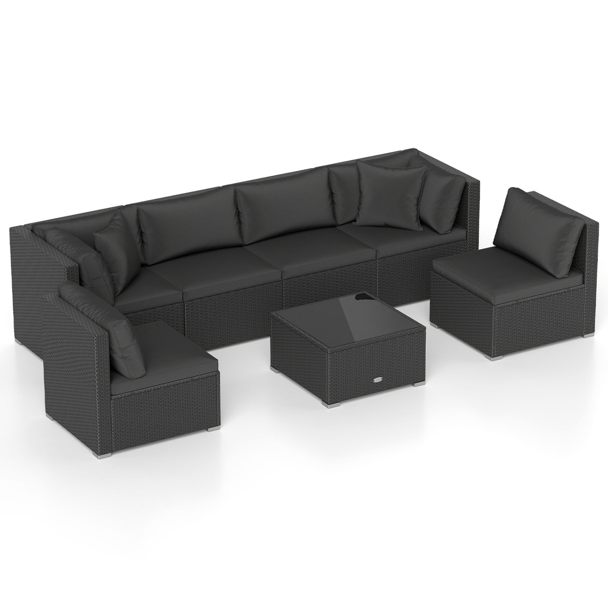 7 Pieces Outdoor Sectional Wicker Patio Furniture Sofa Set with Tempered Glass Top and Softy Cushions-Black