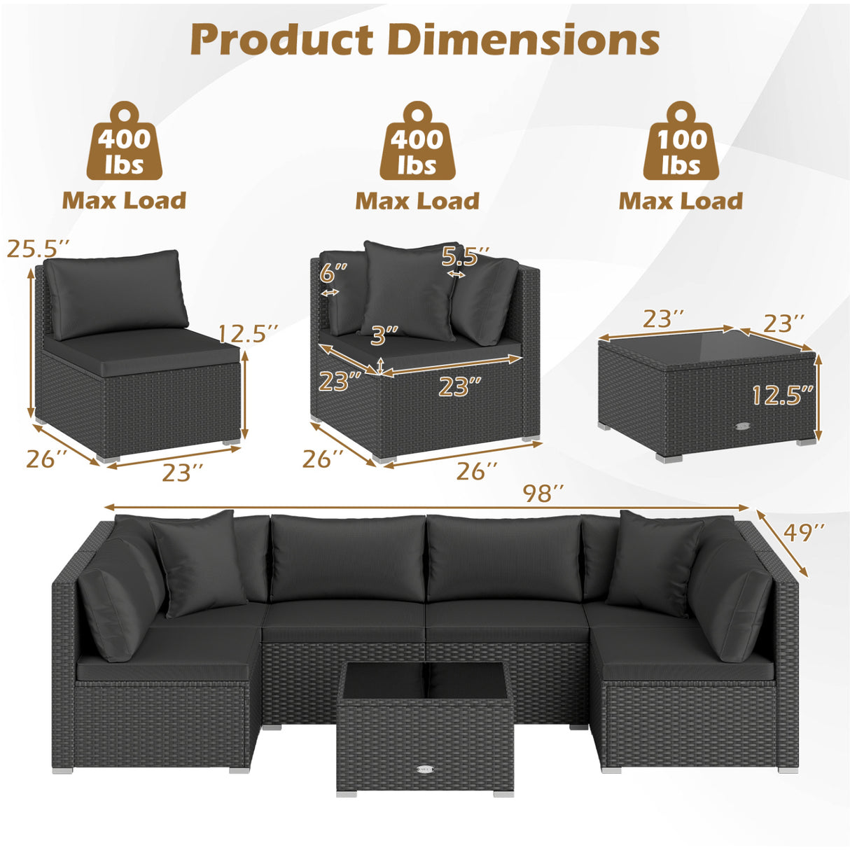 7 Pieces Sectional Wicker Furniture Sofa Set with Tempered Glass Top-Red