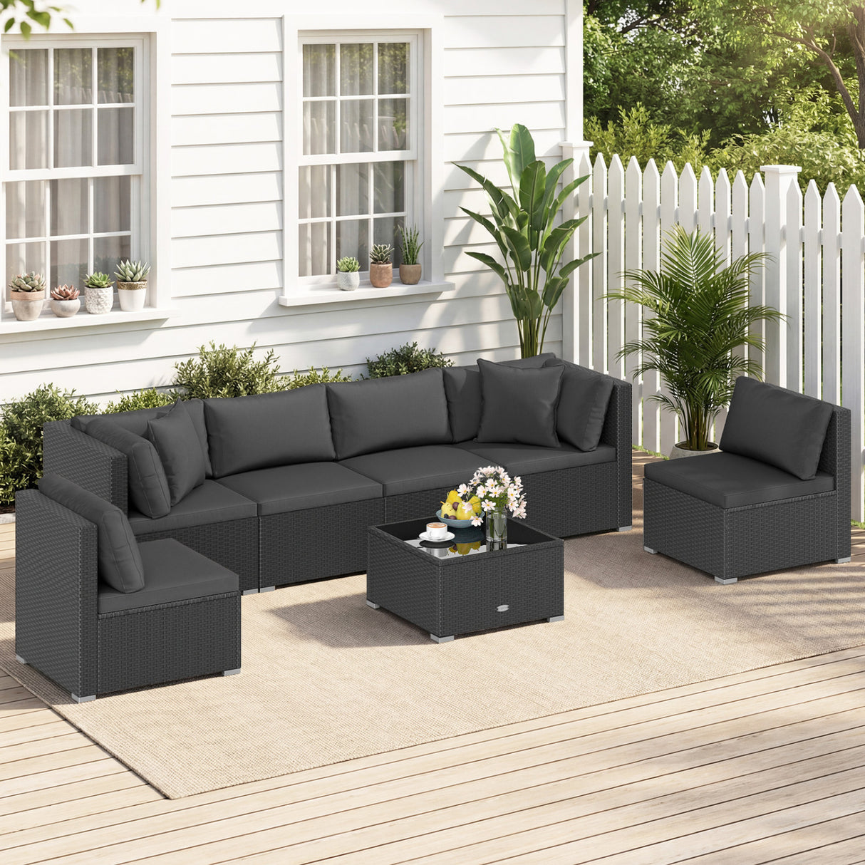 7 Pieces Sectional Wicker Furniture Sofa Set with Tempered Glass Top-Red