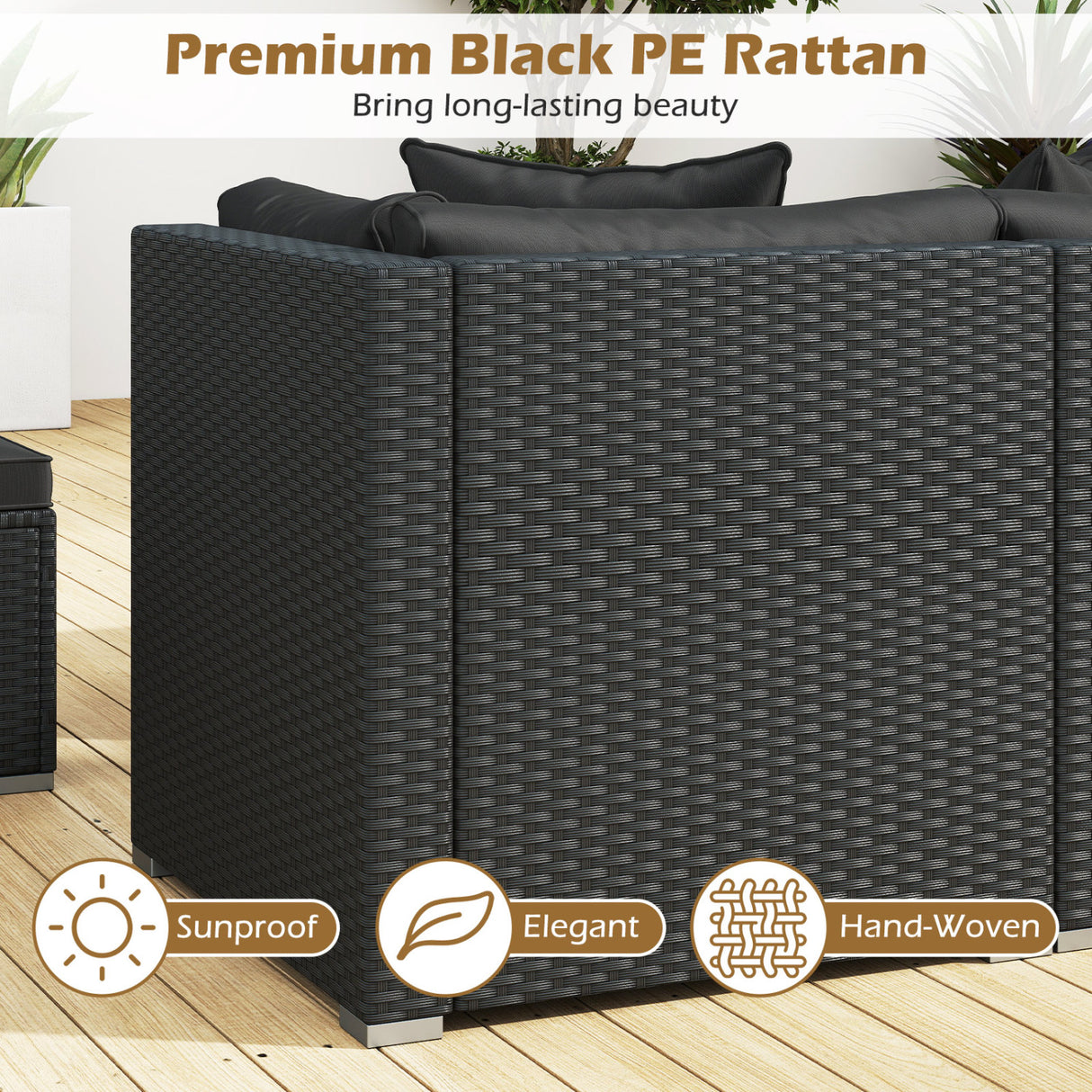 7 Pieces Outdoor Sectional Wicker Patio Furniture Sofa Set with Tempered Glass Top and Softy Cushions-Black
