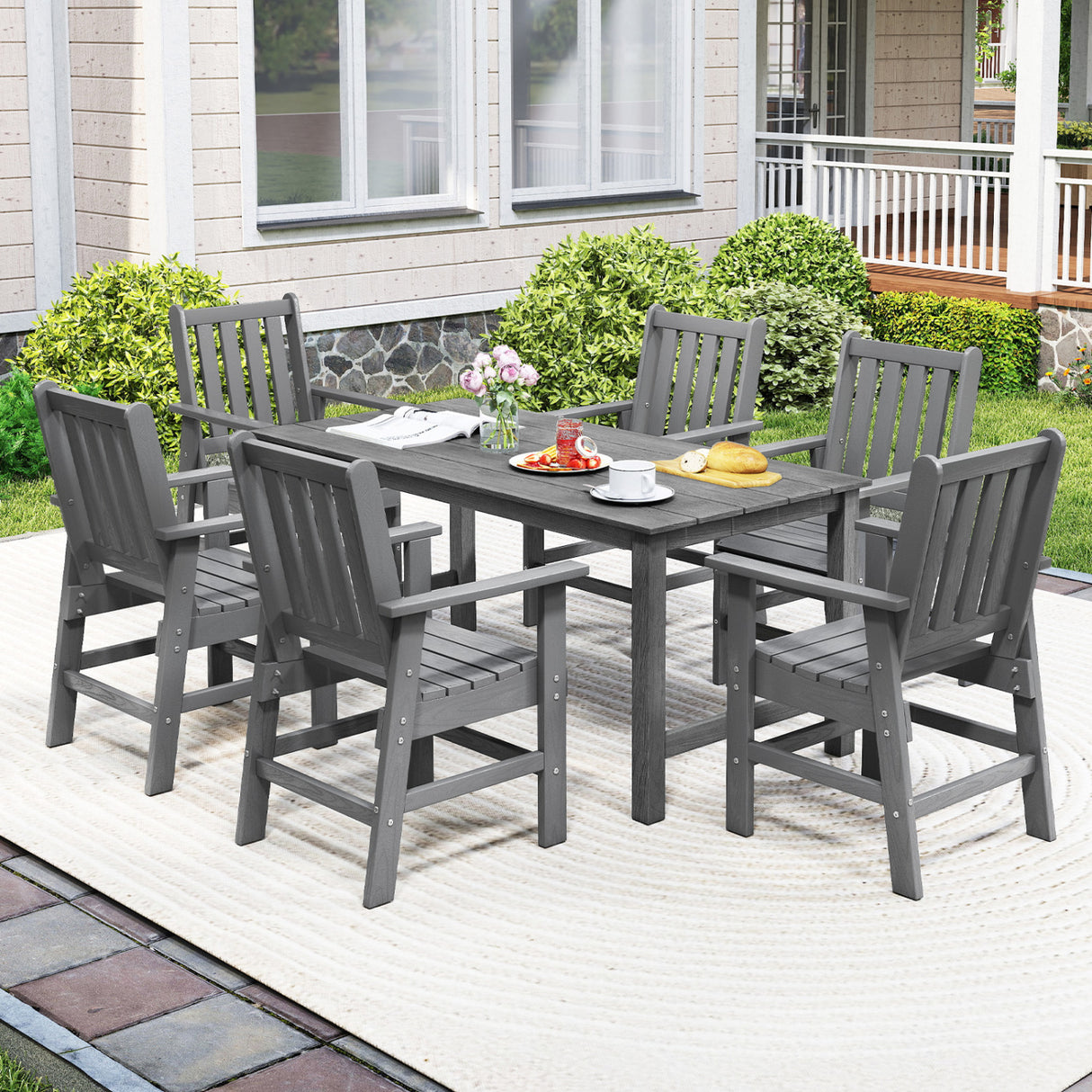 7 Pieces Patio Dining Set Outdoor HDPE Weather Resistant Table and Chairs Set-Grey