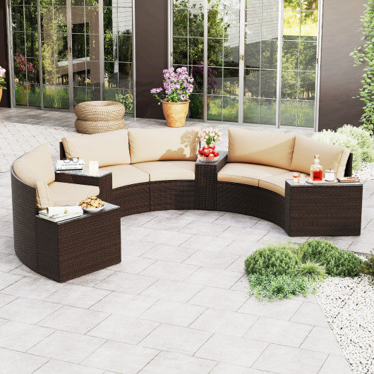 7 Pieces Patio Furniture Set PE Rattan Half-Moon Curved Sofas with Side Tables-Brown