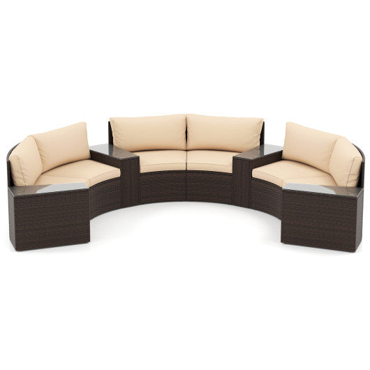 7 Pieces Patio Furniture Set PE Rattan Half-Moon Curved Sofas with Side Tables-Brown