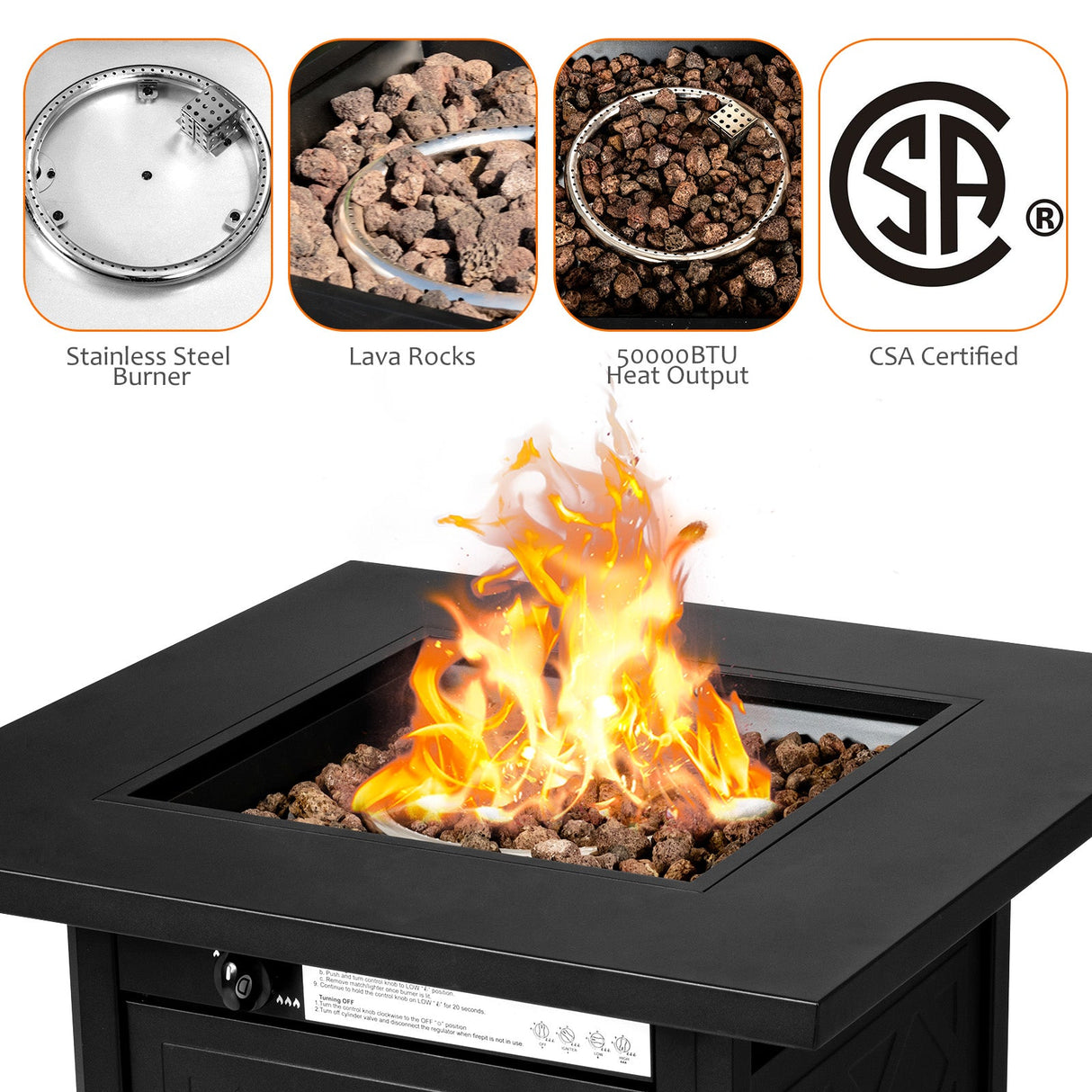7 Pieces Patio Furniture Set with 28 Inches 50000 BTU Propane Gas Fire Pit Table-White