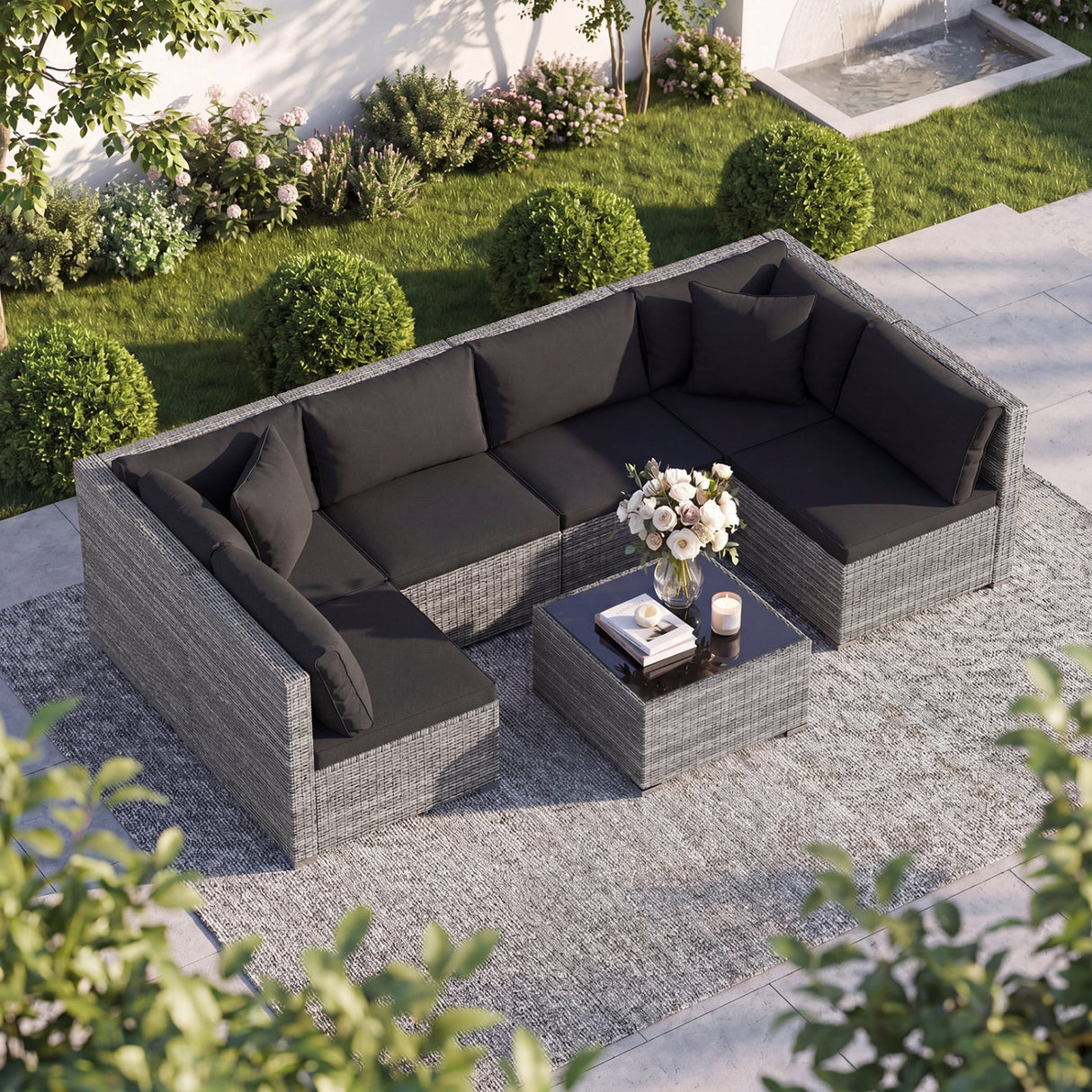 7 Pieces Patio Rattan Furniture Set Sectional Sofa Garden Cushion-Red