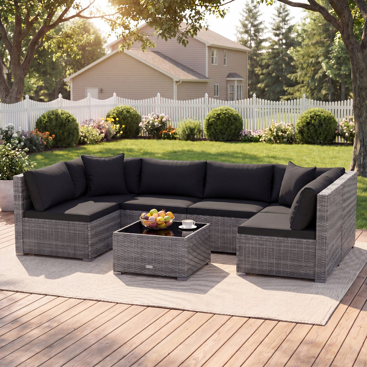 7 Pieces Patio Rattan Furniture Set Sectional Sofa Garden Cushion-Red