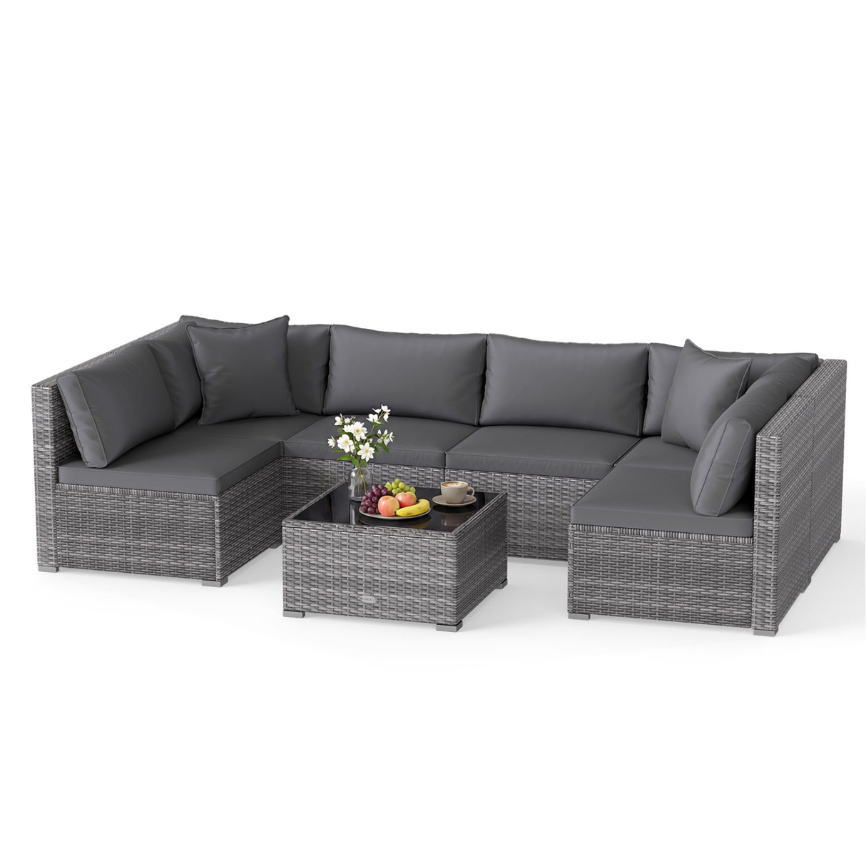7 Pieces Patio Rattan Furniture Set Sectional Sofa Garden Cushion-Gray