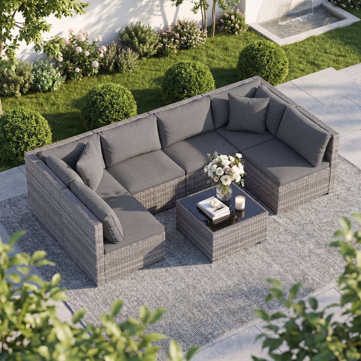 7 Pieces Patio Rattan Furniture Set Sectional Sofa Garden Cushion-Gray