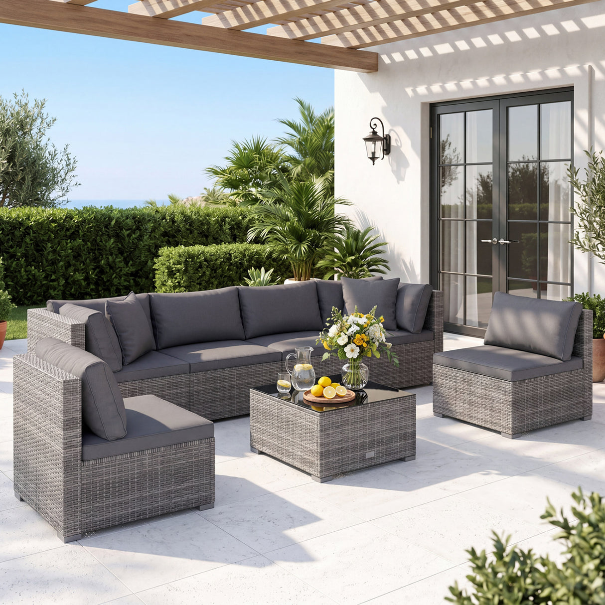 7 Pieces Patio Rattan Furniture Set Sectional Sofa Garden Cushion-Gray