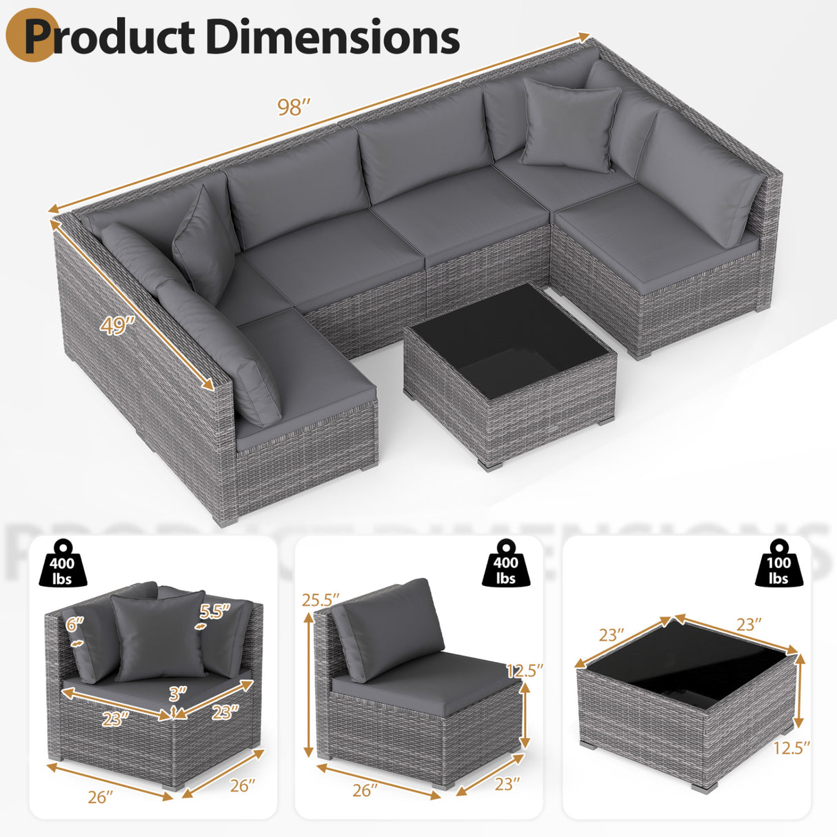 7 Pieces Patio Rattan Furniture Set Sectional Sofa Garden Cushion-Gray