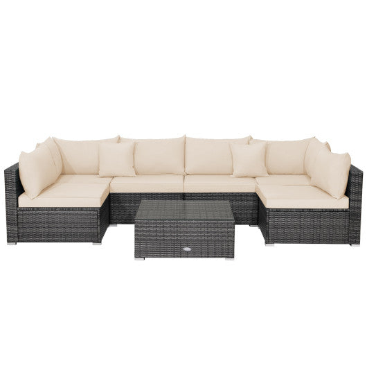 7 Pieces Patio Rattan Furniture Set with Sectional Sofa Cushioned-Beige