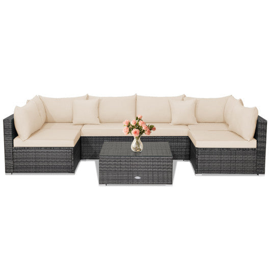 7 Pieces Patio Rattan Furniture Set with Sectional Sofa Cushioned-Beige