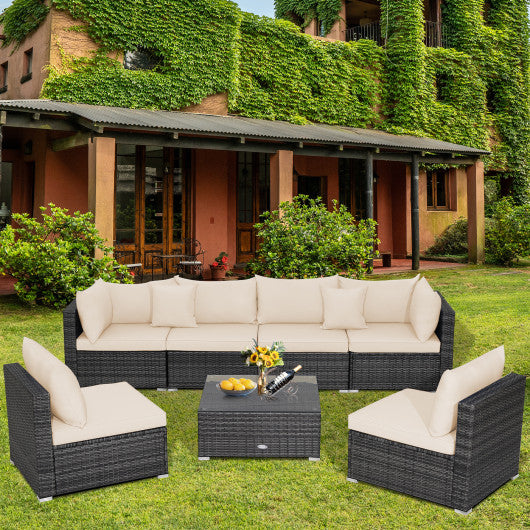 7 Pieces Patio Rattan Furniture Set with Sectional Sofa Cushioned-Beige