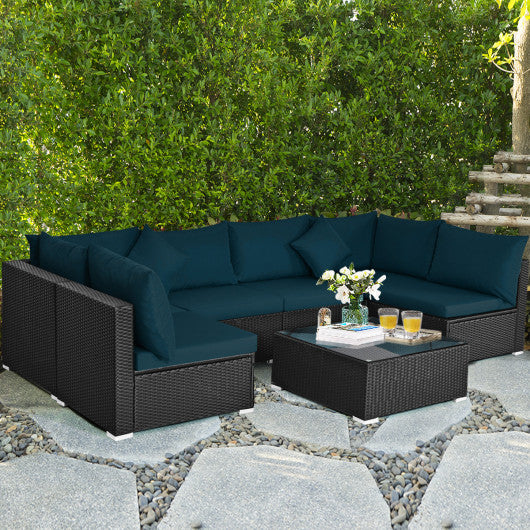 7 Pieces Sectional Wicker Furniture Sofa Set with Tempered Glass Top-Peacock Blue